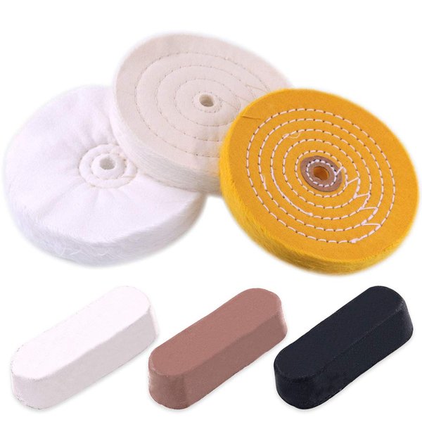 Rustark 6 Piece Buffing and Polishing Kit Includes Assorted 6 Inch with 1/2" Arbor Hole Buffing Wheels, Black Emery, Brown Tripoli, White Diamond for Bench Grinder
