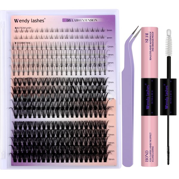 DIY Lash Extension Kit Lash Clusters With Bottom Lashes 20/30/40/50D 12-18mm Multi-types Individual Lashes Bond and Seal, Spike, Volume Lashes Kit Lash Applicator(40/50 Kit)
