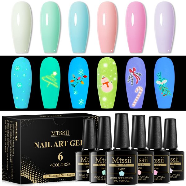MTSSII Glow in the Dark Gel Nail Polish 6 Colors Luminous Jelly Gel Polish Set Fluorescent Bright Pink White Blue Purple Glow Effect Soak Off UV Nail Polish Kit Christmas Halloween Gifts for Women