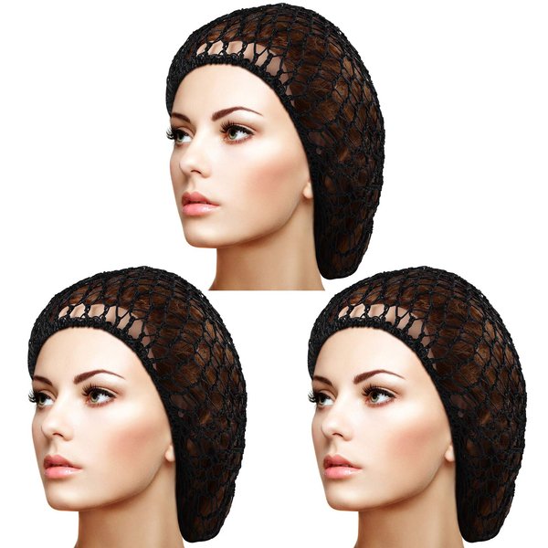 Giugu 3 Pieces Mesh Hair Net Soft Rayon Knit Snood Hat Sleeping Crochet Hairnet Long Hair Net Snoods Cover Crocheted Hair Net Cap Hair Covers for Women Hair Accessories, Black, Blue, Gray