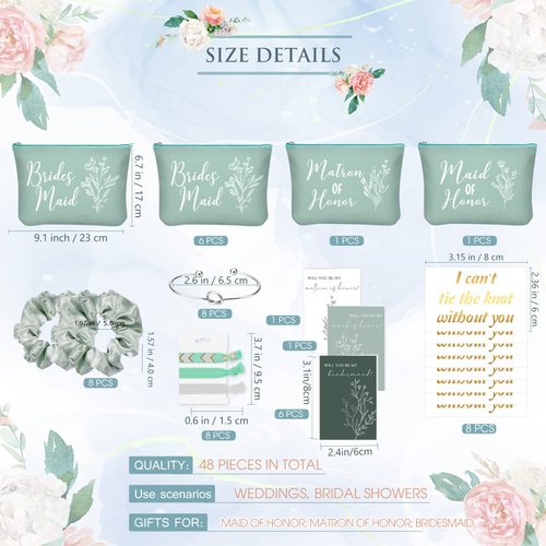 Cunno 48 Pcs Bridesmaid Proposal Gifts Wedding Maid of Honor Gifts Matron of Honor Gifts Bridal Shower Cosmetic Makeup Bags Scrunchies Hair Knotted Bracelets Invitation Cards for Bridesmaid, Green
