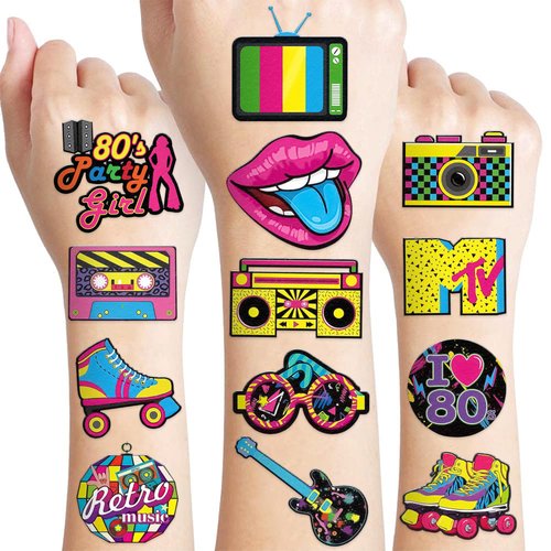 104 PCS 80s Temporary Tattoos Sticker Roller Skate 80s Birthday Party Decorations Favors Supplies Gifts Boys Girls Men Women, 90s 1980s Vintage Retro Cute Tattoo School Prizes Themed Decor