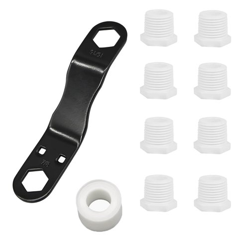 RVPNR.CN RV Water Heater Drain Plug Kit, Include Angled Wrench, 8 Pieces 1/2" NPT Replacement Plugs and 1 Roll PTFE Tape