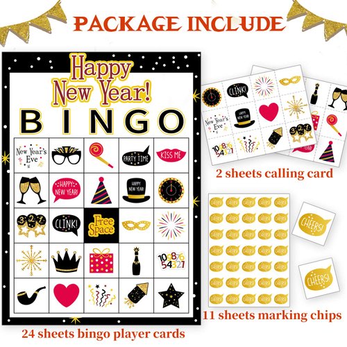 Funnlot New Year Games New Year Bingo Game Holiday Bingo 24 Players New Year Games for Party New Year Bingo Game Cards for School Party Supplies for Family Classroom Activities New Year Party Favors
