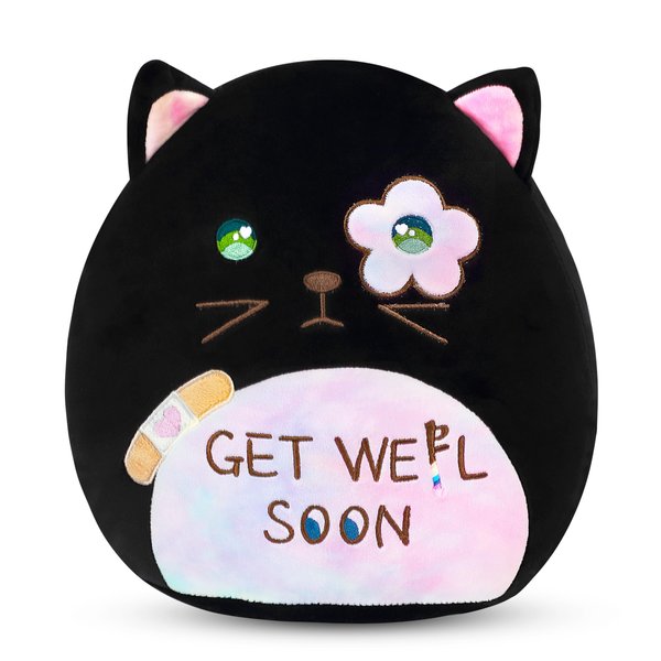 Easfan Get Well Soon Stuffed Cat Plush Pillow, Cozy Black Kitty Snuggle Soft Toy with Rainbow Belly, Gifts or Patients Girls Boys Women Men After Surgery, 12"