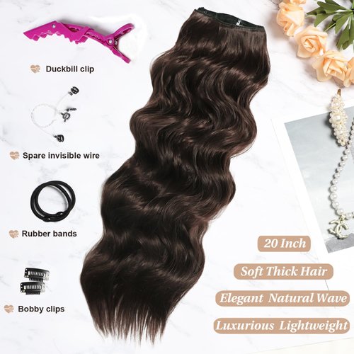 SilkStrands Invisible Wire Hair Extensions with Adjustable 4 Secure Clips 20 Inch Halo Hair Extensions on Soft Transparent Lace Choclate Brown Hair Extensions Long Wavy Hair Extensions for Women
