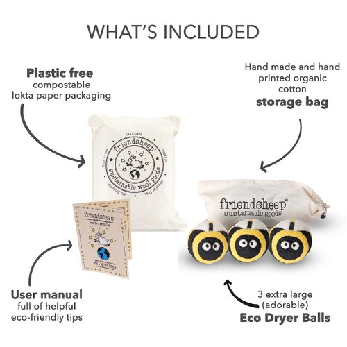 Wool Dryer Balls by Friendsheep 3 Pack XL Organic Premium Reusable Cruelty Free Handmade Fair Trade No Lint Fabric Softener Busy Honey Bee Trio