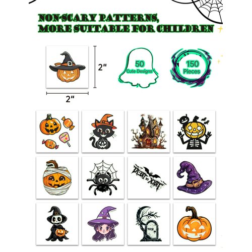 150 Pcs Glow in the Dark Halloween Tattoos for Kids Bulk, 50 Unique Designs, 2 Inch Halloween Temporary Tattoos with 50 Small Zip Lock Bags, Easy to Apply & Remove