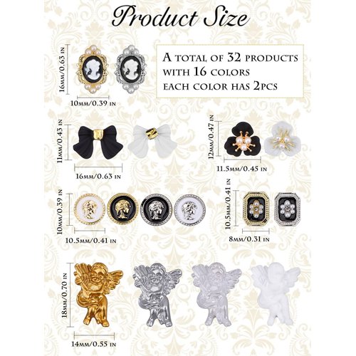 32PCS Nail Art Rhinestone, Lorvain 3D AB Nail Diamonds Relief Style Nail Art Rhinestones Metal Alloy Gold Flower Nail Charms Mix Size Nail Accessories for Women Girls Nail DIY Decoration Design