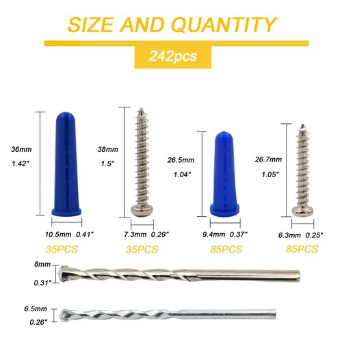 Kevinrooty Conical Concrete Wall Anchors and Screws Kit,240 Pcs Wall Anchors and Self Tapping Screw with 2 Pcs Masonry Drill Bits,for Stucco Concrete Masonry Brick Wall.