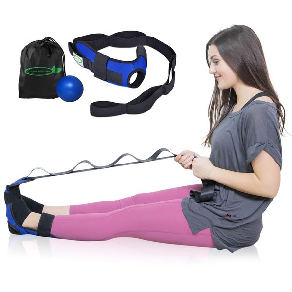 Lumia Wellness Fascia Stretcher & Foot Stretcher for Plantar Fasciitis with Massage Ball, Achilles Tendinitis, Foot Drop, Yoga Foot & Leg Stretching Strap (Blue)