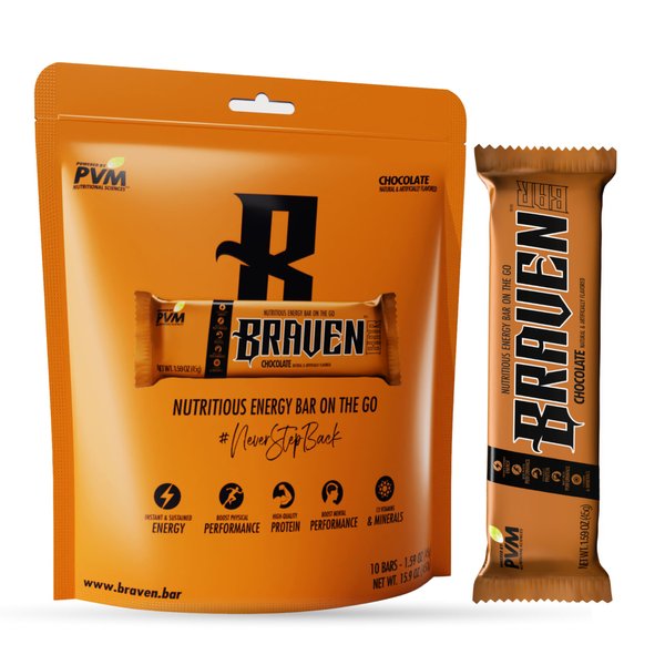 BRAVEN Bars Chocolate, Delicious Taffy-Like Energy Bar, Sustained Energy Boost, Quality Protein & Balanced Nutrition for On-the-Go. Gluten Free. (1.59 oz, Pack of 10)