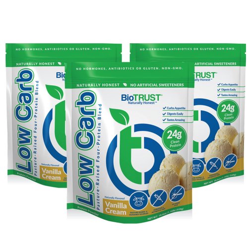 BioTrust Low Carb Protein Powder – Natural and Delicious Whey & Casein Blend from Grass-Fed Hormone Free Cows – Non GMO, Soy Free, Gluten Free, Hormone Free (Vanilla, 3-Pack)