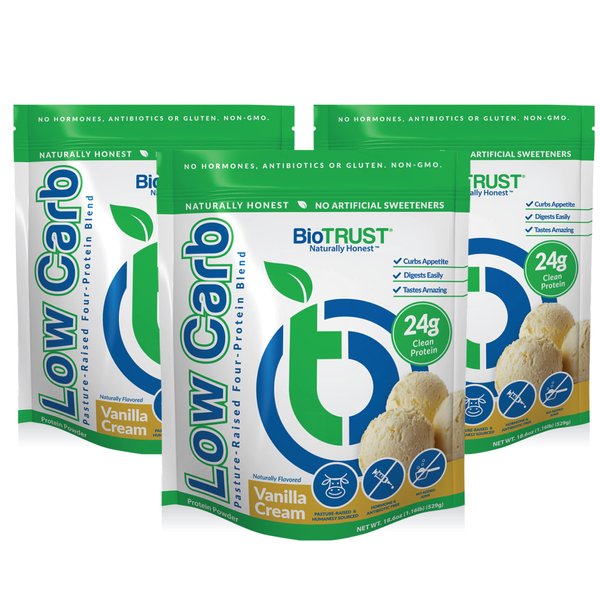 BioTrust Low Carb Protein Powder – Natural and Delicious Whey & Casein Blend from Grass-Fed Hormone Free Cows – Non GMO, Soy Free, Gluten Free, Hormone Free (Vanilla, 3-Pack)