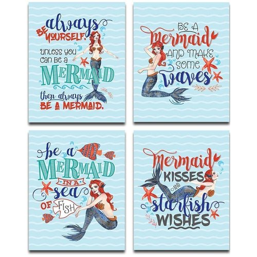 Mermaid Set Art Prints - Beautiful Beach Decor, Nursery Room Cute Print, Mermaid Kids Bathroom Display, Inspirational Quote Children Room Gift, Set of 4 Photos - 8x10 Unframed Art Prints Posters