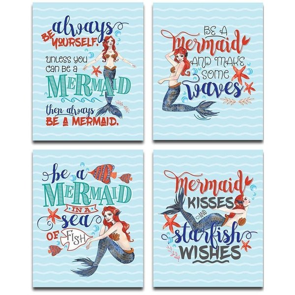 Mermaid Set Art Prints - Beautiful Beach Decor, Nursery Room Cute Print, Mermaid Kids Bathroom Display, Inspirational Quote Children Room Gift, Set of 4 Photos - 8x10 Unframed Art Prints Posters