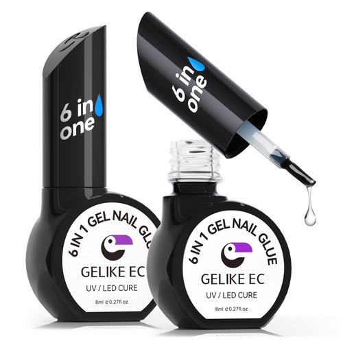 Gelike EC Gel Nail Glue UV - 6 in 1 Gel Glue for Nail Tips,Base Coat Free,2PCS Strong Adhesive for Press on Nails Acrylic Tips