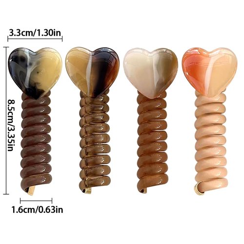 4Pcs Telephone Wire Hair Bands Spiral Hair Ties,Heart Decor Straight Phone Cord Hair Ties No Damage Coil Hair Ties Telephone Cord Hair Ties for Thick Hair Ponytail Holders Accessories for Women Girls