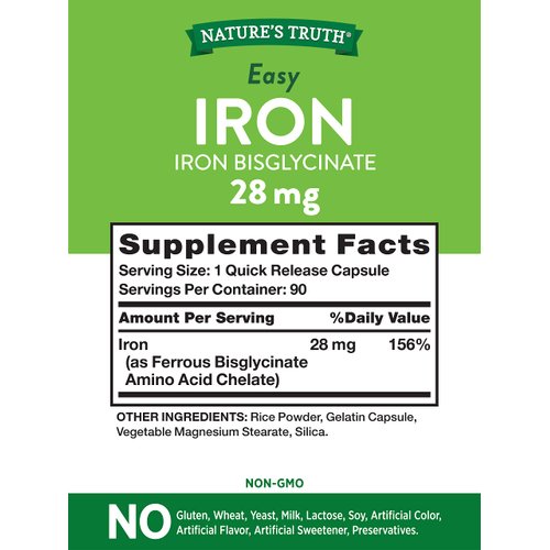 Easy Iron Supplement 28 mg | 90 Capsules | Iron Bisglycinate | Non-GMO, Gluten Free | by Nature's Truth