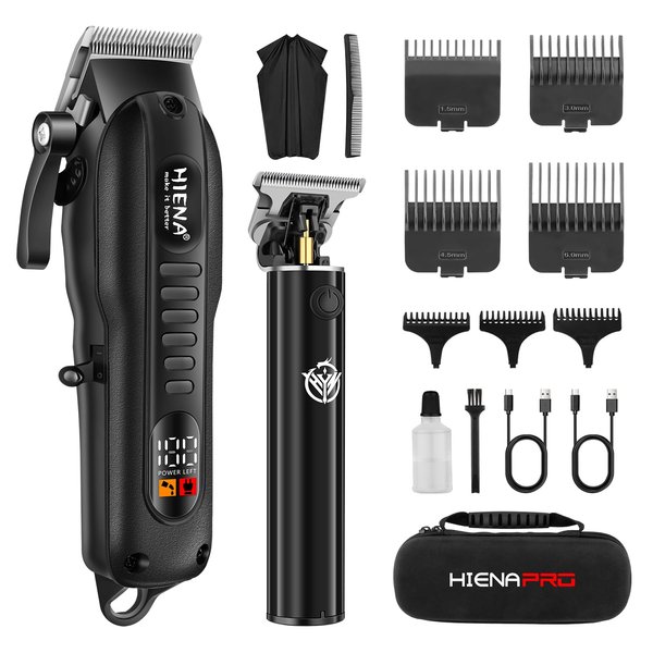 HIENA PRO Professional Hair Clippers Set for Men Cordless Hair Cutting Kit Barber Kit Rechargeable Clippers and Trimmers Set Clipper Set for Barbers with LED Display, Gifts for Men, (Black)