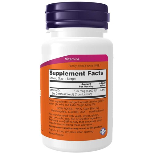 NOW Supplements, Vitamin D-3 5,000 IU, High Potency, Structural Support*, 120 Softgels