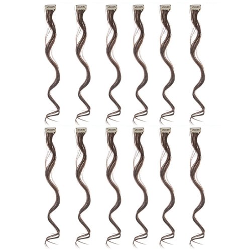 SWACC 12 Pcs Curly Wavy One Color Party Highlights Clip on in Hair Extensions Colored Hair Streak Synthetic Hairpieces (Dark Brown-4#)