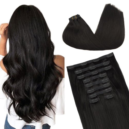 GOO GOO Clip in Hair Extensions Real Human Hair, 14inch 130g 9Pcs, 1B Natural black, Remy Human Hair Extensions Clip ins for Women, Natural Human Hair