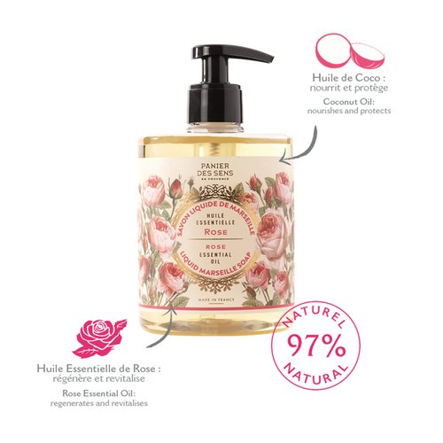 Panier des Sens - Liquid Hand Soap - Rose Hand Wash - French Marseille Moisturizing Hand Soap with Coconut Oil - Refillable Kitchen & Bathroom Hand Soap - 97% Natural Ingredients -16.9 Fl.oz