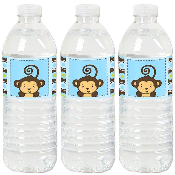 Blue Monkey Boy - Baby Shower or Birthday Party Water Bottle Sticker Labels - Set of 20
