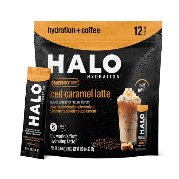 HALO Iced Caramel Latte - Energy Drink Powder – Healthy Coffee Mix for Hydration with Electrolytes, Caffeine, Vitamins and Minerals - 20 Calories - Keto and Low Calorie - 1 x 12 Sticks