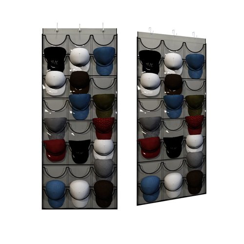 Unjumbly Baseball Hat Rack, 24 Pocket Over-The-Door Cap Organizer with Clear Deep Pockets to Display Baseball Caps Collection, Complete with 3 Over Door Hooks, Fit 3/8" and 1 3/4" Door Width, Grey