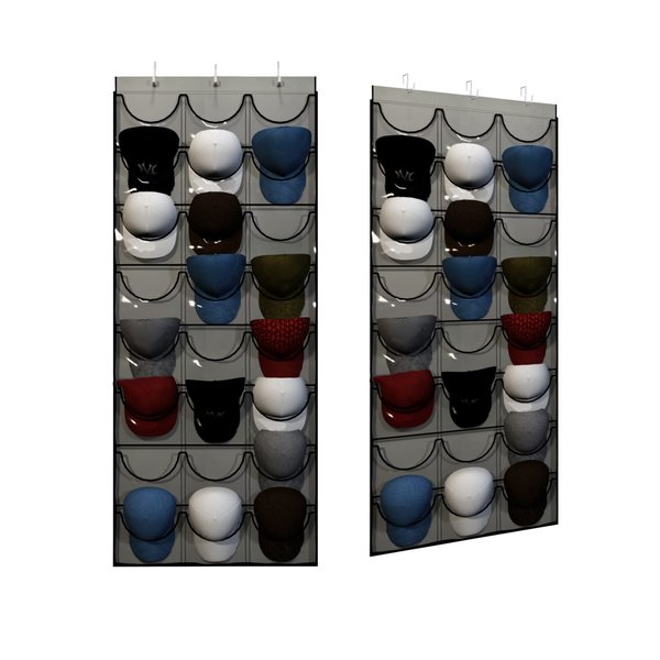 Unjumbly Baseball Hat Rack, 24 Pocket Over-The-Door Cap Organizer with Clear Deep Pockets to Display Baseball Caps Collection, Complete with 3 Over Door Hooks, Fit 3/8" and 1 3/4" Door Width, Grey