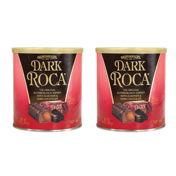 Brown & Haley Almond DARK ROCA Canister, Individually Wrapped Dark Chocolate Candy, Buttercrunch Toffee with Almonds Covered in Dark Chocolate, 10 Ounces (Pack of 2)