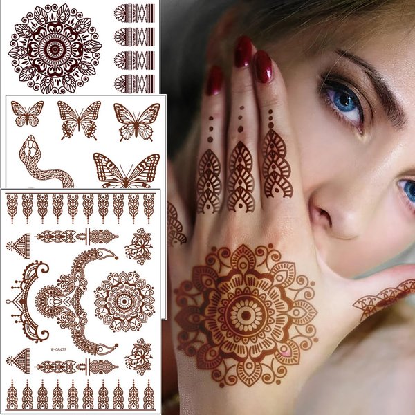 6 Sheets Brown Henna Tattoo Kit, Henna Temporary Tattoos Brown Lace Waterproof Tattoo stickers for Women Wedding Party Festivals Parties Decoration