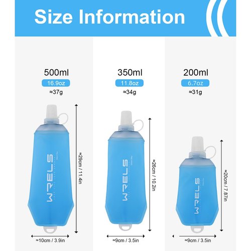 WRELS 200ml/350ml/500ml Collapsible Soft Flask,BPA Free Folding Soft Water Bottle with Hanging Ring,Lightweight TPU Hydration Flask for Running Marathon Cycling Hiking(350ml-2 Packs)