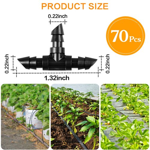 iMopo 70 Pack Drip Irrigation Barbed Tee Fittings,Barbed Connector Fits Universal 1/4" Drip Tubing, Barbed T Connectors Fitting for Drip or Sprinkler System