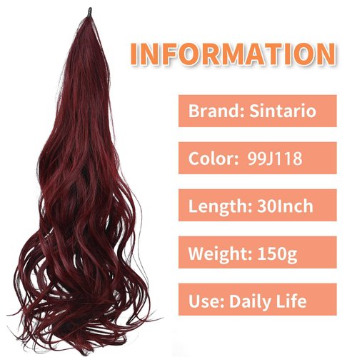 Sintario 30 Inch Flexible Wrap Around Ponytail Extension Long Burgundy Wine Red Ponytail Hair Extensions Curly Wave Synthetic Ponytails Hairpiece for Women Daily Use (99J/118A#)
