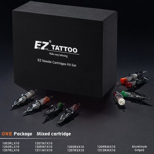 EZTAT2 100 Pcs Revolution Tattoo Cartridge Needles Assorted 3RL 5RL 7RL 5RS 7RS 7M1 9M1 11M1 9CM 15CM with 2 Aluminum Grips Mixed Tattoo Needles for Rotary Pen Machine Supply