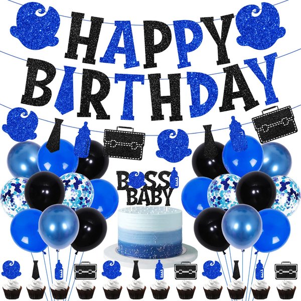 Boss Birthday Party Decorations for Blue Black Boss Boy Baby Themed Happy Birthday Banner Cake Toppers Balloons Set for Newborn Boy Child Kid Bday Party 1st 2nd 3rd Birthday Decor Supplies