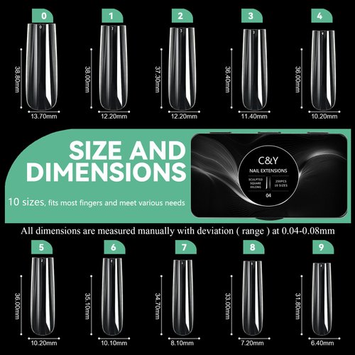C&Y Nail Natural Sculpted Square XX long Box of 250 Gel Acrylic Nail Tips,10 Sizes for Full Cover Nail Extension Home DIY Nail Salon