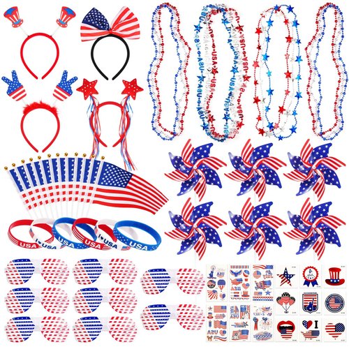 Raymall 4th of July Party Favors Set, 114PCS Red White Blue Party Supplies, Patriotic flag, Shutter Glasses, Necklaces, Tattoo, Headbands, Pinwheel Decorations for Fourth of July Accessories Bulk