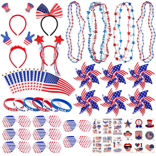 Raymall 4th of July Party Favors Set, 114PCS Red White Blue Party Supplies, Patriotic flag, Shutter Glasses, Necklaces, Tattoo, Headbands, Pinwheel Decorations for Fourth of July Accessories Bulk