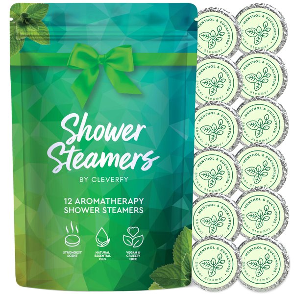 Cleverfy Aromatherapy Shower Steamers - Pack of 12 Menthol & Eucalyptus Shower Bombs with Essential Oils for Relaxation and Nasal Congestion. Self Care Easter Basket Stuffers for Teens and Adults.