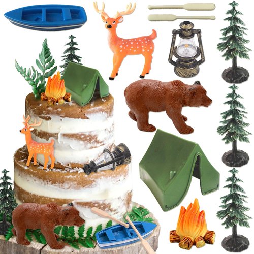 Camping Party Cupcake Toppers Tree Bear Tent Cupcake Picks Happy Camping Cake Decorations for Camping Party Supplies