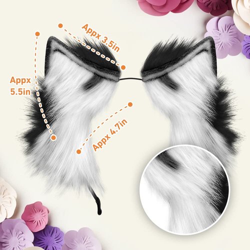 GaliaFaya Cat Wolf Fox Dog Ears Headband Handmade Long Faux fur Cosplay Halloween Costume Party (Black and White)