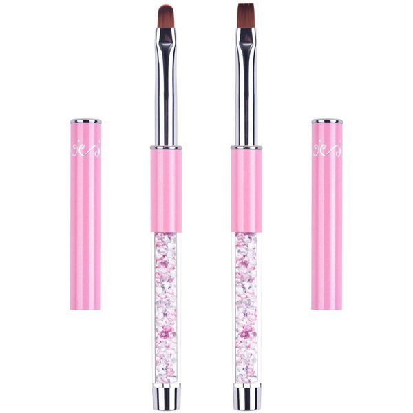 Ycyan 2Pcs Oval & Flat UV Gel Nail Brush Set Rhinestone Handle Professional Nail Art Design Brushes Pink Size 8