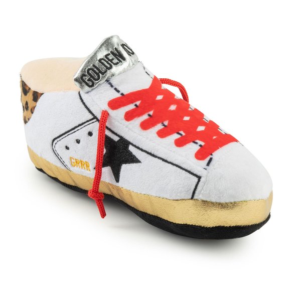 Haute Diggity Dog Original Golden Pooch Tennis Shoe, Plush Designer Dog Toys with Interactive Squeaker, Stimulating Pet Enrichment, Machine-Washable & Safe Materials for All Breeds, One Size