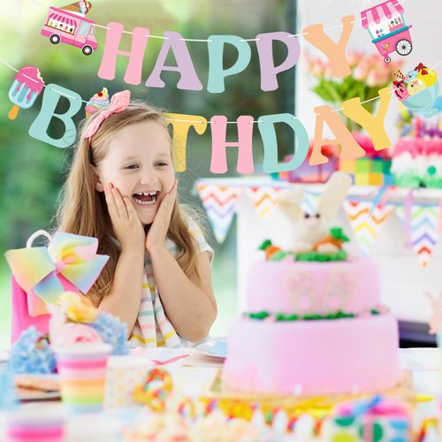 Ice Cream Birthday Party Decorations Ice Cream Party Birthday Banner Happy Birthday Banner Sign for Girls 1st 2nd 3rd Ice Cream Banner Sweet Bunting Garland Summer Birthday Party Supplies