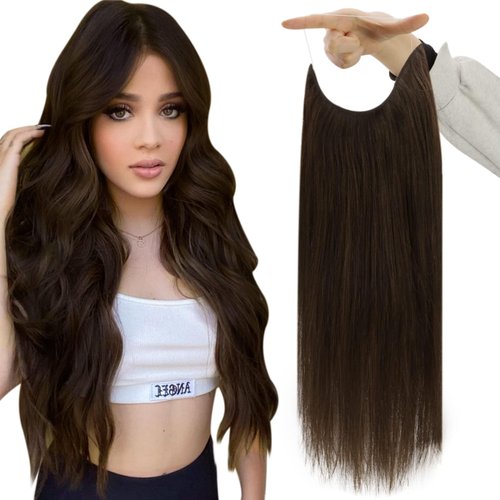 Fshine Human Hair Wire Hair Extensions Dark Brown 14 Inch 70g Straight Brunette Real Hair Extensions Wire Hair Extensions with Invisible Fish Line Straight Natural Hairpiece