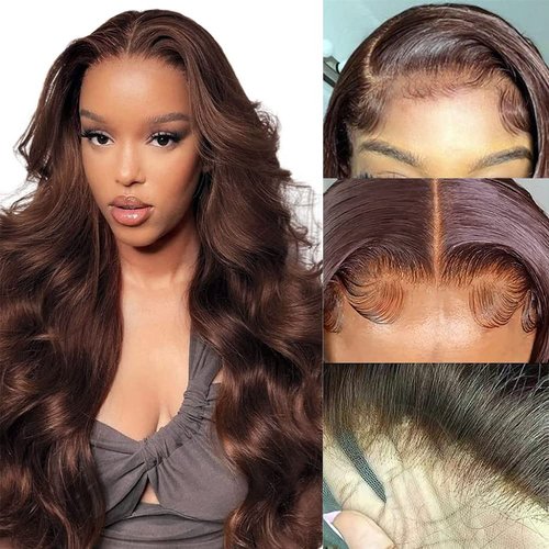 4# Brown Color Body Wave 13x4 Lace Front Wigs Human Hair Pre Plucked HD Transparent Lace Front Glueless Wigs 180% Density Brazilian Human Hair with Baby Hair Natural Hairline Wigs for Women(14 Inch)